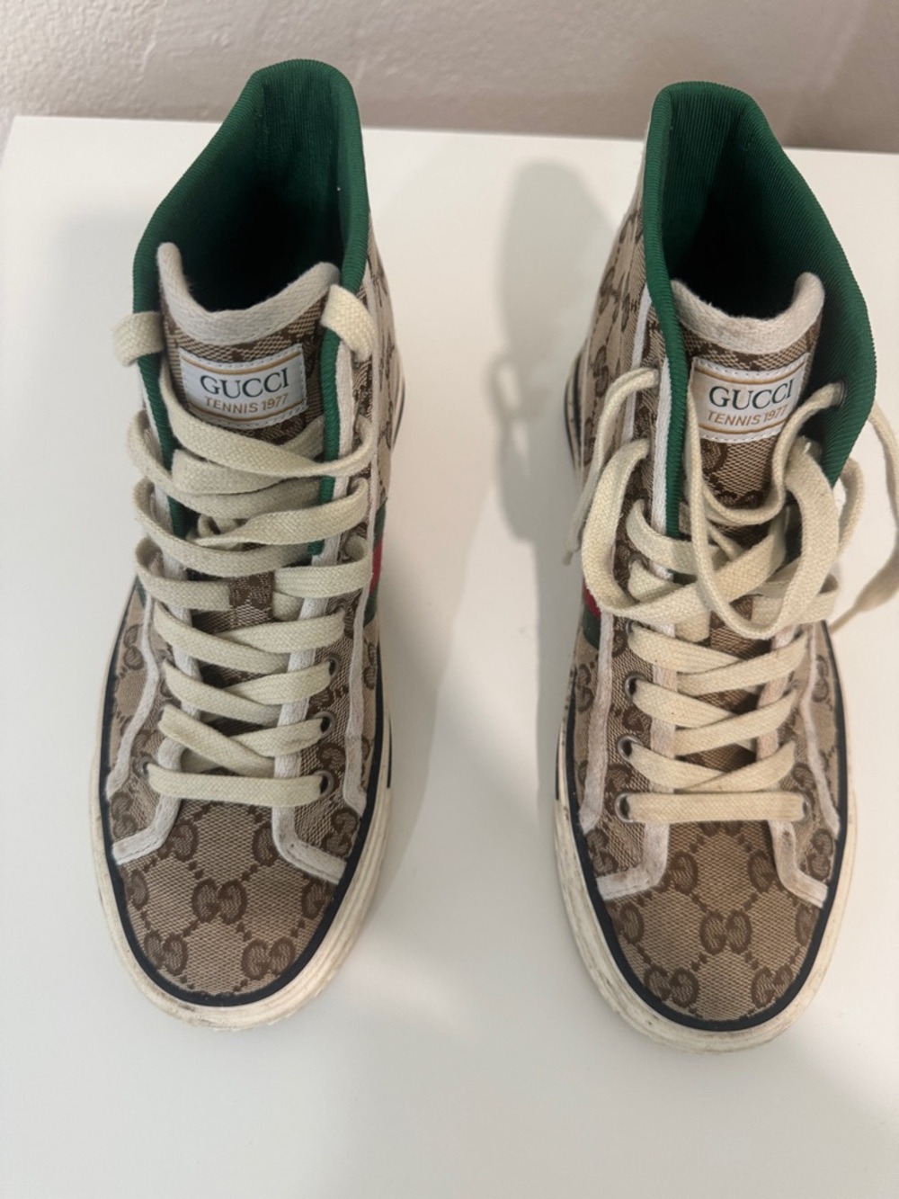 Gucci Beige GG Supreme High-Top Sneakers with Green Lining and Red/Green Web